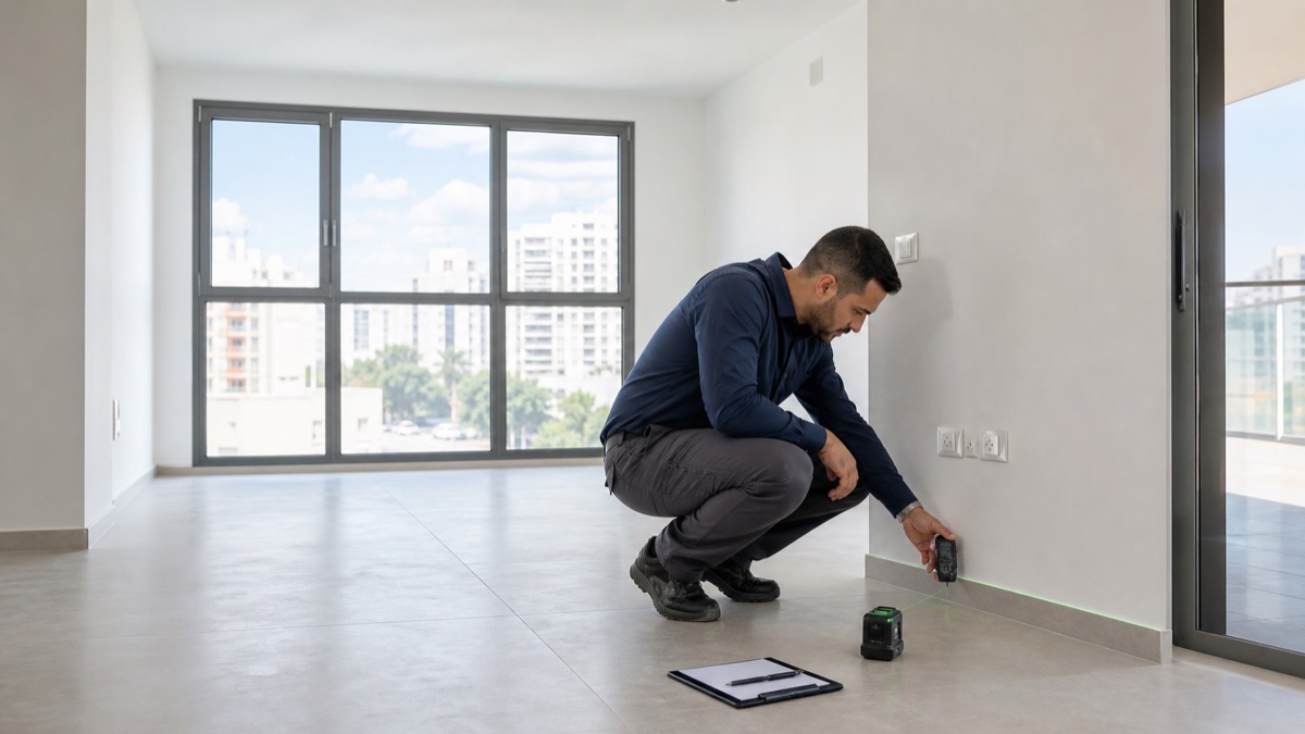 מהנדס מבצע בדק בית בדירה חדשה לפני מסירה